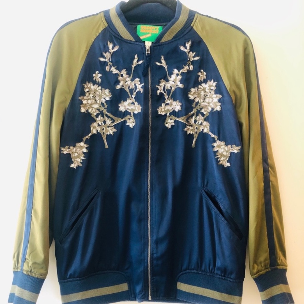 Green and Blue Groovy Monkey satin bomber jacket - Picture 2 of 4